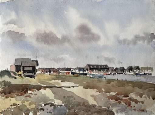 Coastal Harbour View with Boat Sheds and Marina British Watercolour Landscape