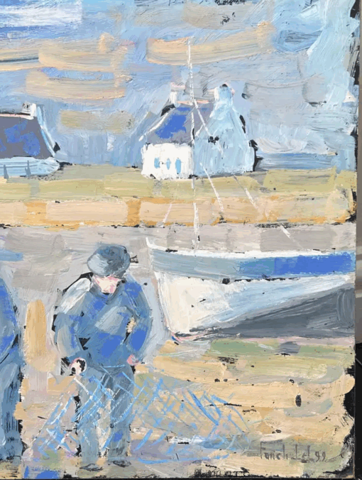 Fisherfolk Figures Prepping the Casting On The Shore Landscape Oil Painting - Image 7