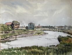 Walberswick Suffolk Coastal River Scene with Bridge and Village Watercolour 1981