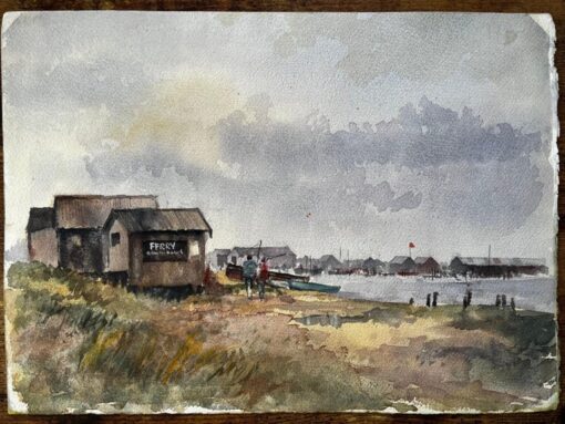 British Estuary Ferry Shed and Distant Harbour with Figures Watercolour Painting - Image 2