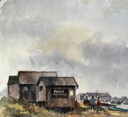 British Estuary Ferry Shed and Distant Harbour with Figures Watercolour Painting - Image 4