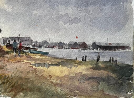 British Estuary Ferry Shed and Distant Harbour with Figures Watercolour Painting - Image 5