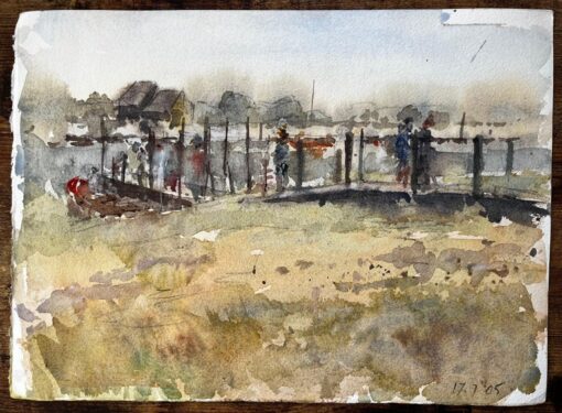 British Estuary Ferry Shed and Distant Harbour with Figures Watercolour Painting - Image 7