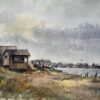 British Estuary Ferry Shed and Distant Harbour with Figures Watercolour Painting