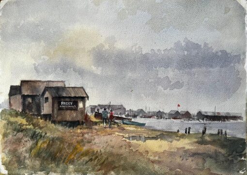 British Estuary Ferry Shed and Distant Harbour with Figures Watercolour Painting