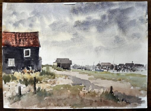 Original Watercolour Coastal Landscape with Fishing Huts and Bike - Image 2