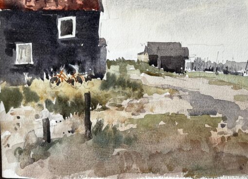 Original Watercolour Coastal Landscape with Fishing Huts and Bike - Image 3