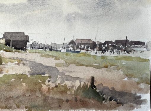 Original Watercolour Coastal Landscape with Fishing Huts and Bike - Image 4