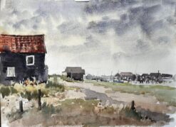 Original Watercolour Coastal Landscape with Fishing Huts and Bike