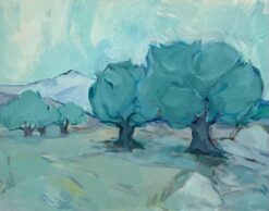 Original Oil Painting of Olive Trees in a Serene Landscape with Distant Hills