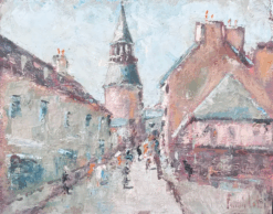 Impressionist View of a French Village and Tower With Street Figures Painting