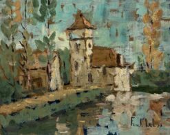 French Impressionist Riverside Church with Draping Willow Trees Oil Painting