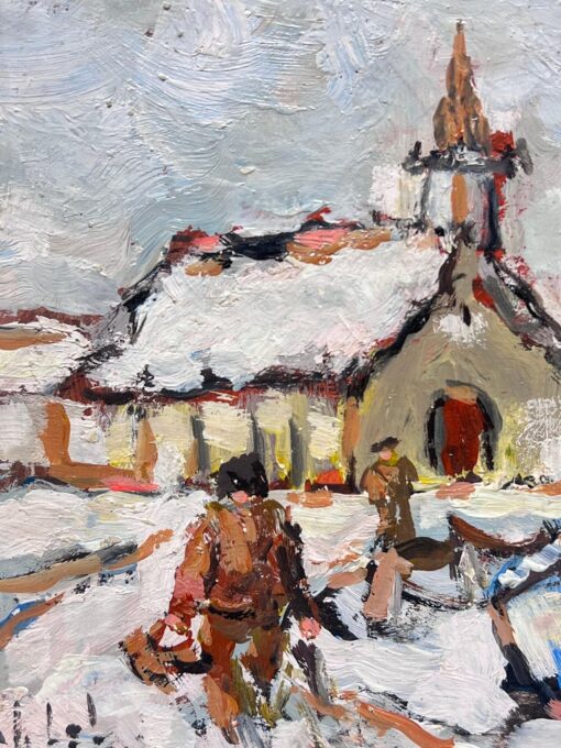 Impressionist Snowy Village Scene with Chapel and Figures Camaret France - Image 5