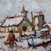 Impressionist Snowy Village Scene with Chapel and Figures Camaret France