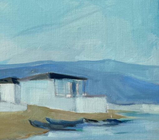 Original Oil Painting of Coastal Cottages with Boats Along a Tranquil Shoreline - Image 3