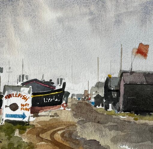 Original Watercolour Southwold Harbour Boats and Fishing Huts Scene - Image 7