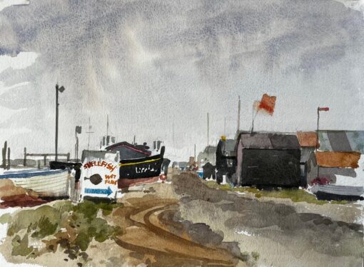 Original Watercolour Southwold Harbour Boats and Fishing Huts Scene