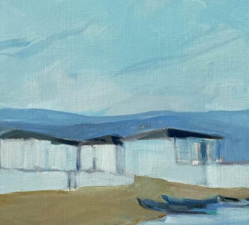 Original Oil Painting of Coastal Cottages with Boats Along a Tranquil Shoreline - Image 4