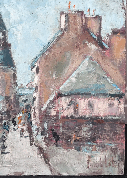 Impressionist View of a French Village and Tower With Street Figures Painting - Image 4