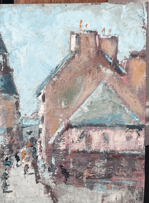 Impressionist View of a French Village and Tower With Street Figures Painting - Image 5