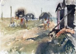 Original Watercolour Village Scene with Figures and Cabins Summer 2005