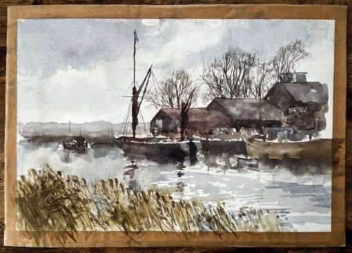 Original Watercolour Riverside Boatyard with Reflections and Winter Trees - Image 2