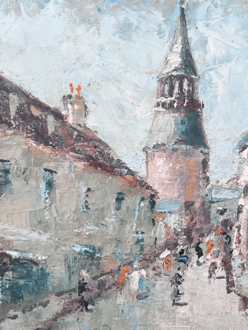 Impressionist View of a French Village and Tower With Street Figures Painting - Image 6