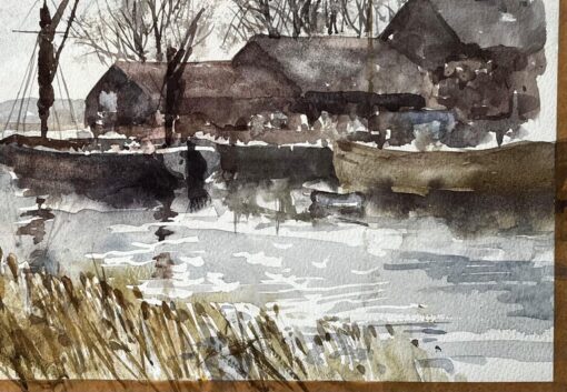 Original Watercolour Riverside Boatyard with Reflections and Winter Trees - Image 4