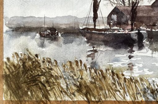 Original Watercolour Riverside Boatyard with Reflections and Winter Trees - Image 5