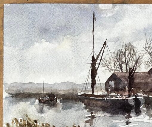 Original Watercolour Riverside Boatyard with Reflections and Winter Trees - Image 6