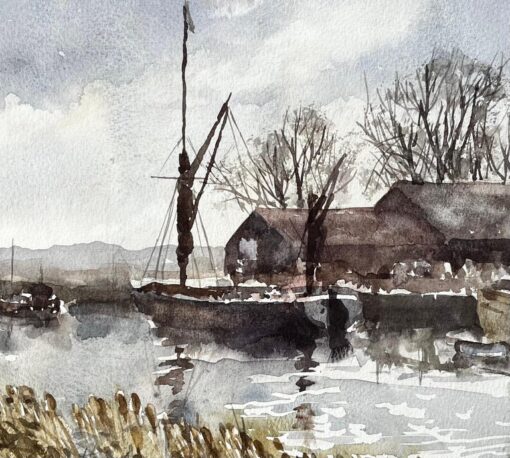 Original Watercolour Riverside Boatyard with Reflections and Winter Trees - Image 7
