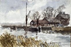 Original Watercolour Riverside Boatyard with Reflections and Winter Trees
