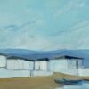 Original Oil Painting of Coastal Cottages with Boats Along a Tranquil Shoreline