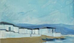 Original Oil Painting of Coastal Cottages with Boats Along a Tranquil Shoreline