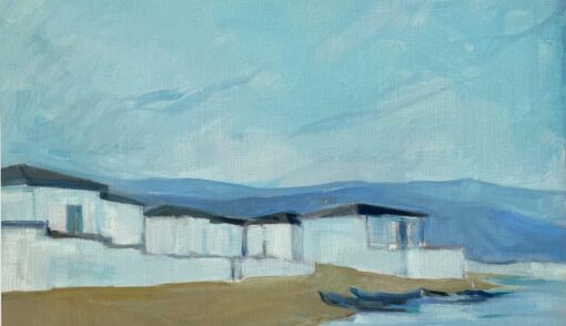 Original Oil Painting of Coastal Cottages with Boats Along a Tranquil Shoreline