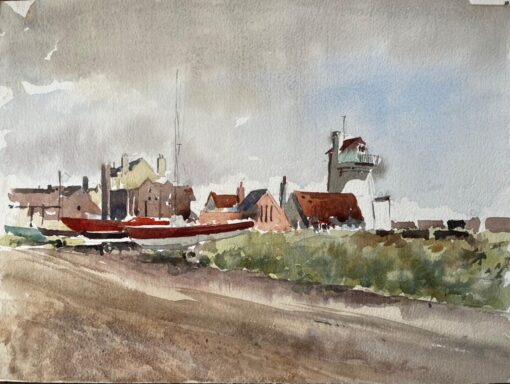 Original Watercolour Aldeburgh Suffolk Coastal Tower Boats and Buildings