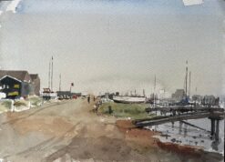 Original Watercolour Southwold Harbour Coastal Scene with Boats and Jetty