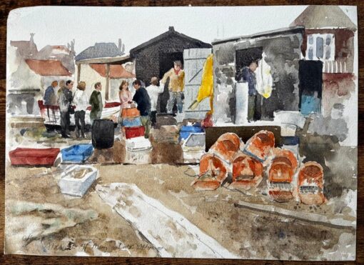Original Watercolour Aldeburgh Fishing Quay Scene with Lobster Pots and Market - Image 2