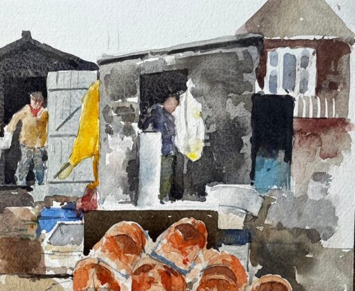 Original Watercolour Aldeburgh Fishing Quay Scene with Lobster Pots and Market - Image 4
