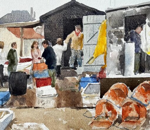 Original Watercolour Aldeburgh Fishing Quay Scene with Lobster Pots and Market - Image 7