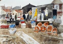 Original Watercolour Aldeburgh Fishing Quay Scene with Lobster Pots and Market