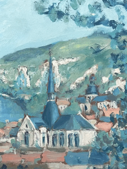 Blue Church In Bright Blue Sea Rivera French Landscape Oil Painting - Image 3