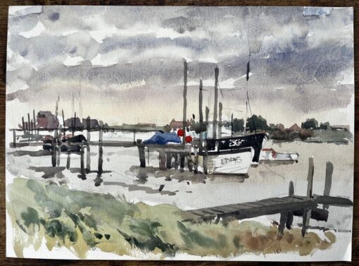 Original Watercolour Southwold Harbour Scene with Fishing Boats and Jetty 1994 - Image 2