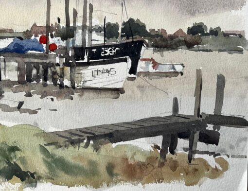 Original Watercolour Southwold Harbour Scene with Fishing Boats and Jetty 1994 - Image 3