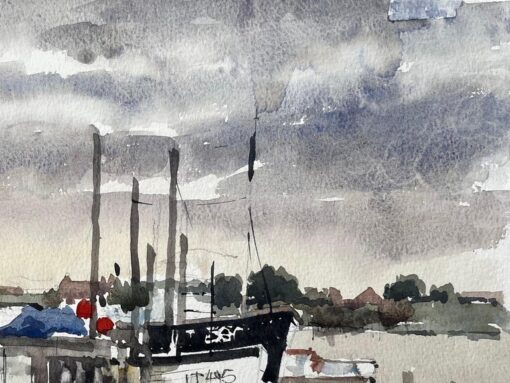 Original Watercolour Southwold Harbour Scene with Fishing Boats and Jetty 1994 - Image 4