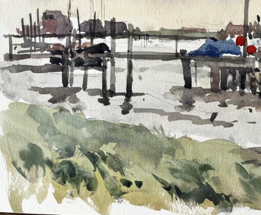 Original Watercolour Southwold Harbour Scene with Fishing Boats and Jetty 1994 - Image 5
