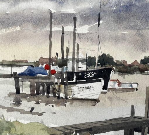 Original Watercolour Southwold Harbour Scene with Fishing Boats and Jetty 1994 - Image 7