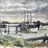 Original Watercolour Southwold Harbour Scene with Fishing Boats and Jetty 1994