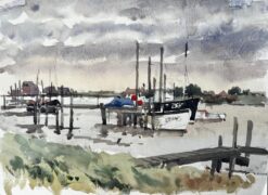 Original Watercolour Southwold Harbour Scene with Fishing Boats and Jetty 1994