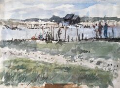 Original Watercolour Riverside Jetty with Figures 2006 by Tony Herbert